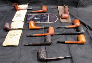 LOT TEN VINTAGE WOODEN HAND CARVED SMOKING PIPES - LOT INCLUDES VARIOUS TYPES OF